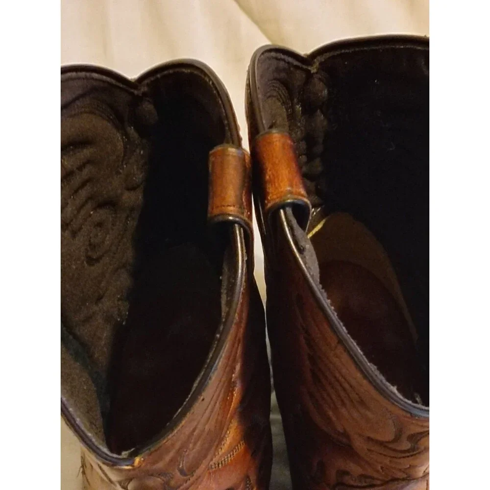 Vintage Western Leather Cowboy Boots Mens Brown Pointed Toe Shaft Stitching ~7